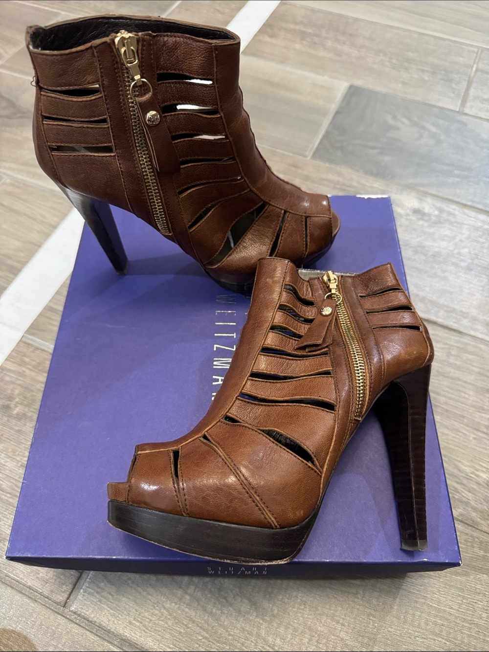 Stuart Weitzman Brown Cutout Peep-Toe High Heel Ankle Booties